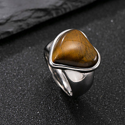 Сердце 304 мужские перстни из нержавеющей стали с натуральным тигровым глазом, цвет нержавеющей стали, сердце, размер США 11 (20.6 мм)