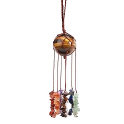 Tiger Eye Round Natural Tiger Eye Pouch Pendant Decorations, Braided Thread and Gemstone Chip Tassel Hanging Ornaments, 210x30mm