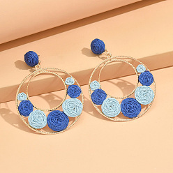 Royal Blue Alloy & Raffia Grass Woven Flower Dangle Stud Earring for Women, Round, Royal Blue, 82x60mm