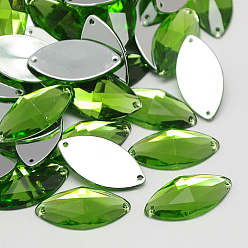 Зеленый газон Шить на горный хрусталь, Тайвань акриловые горный хрусталь, два отверстия, аксессуары для одежды, граненые, лошадиный глаз , зеленый газон, 15x7x3.5 мм, отверстие: 1 мм