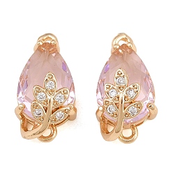 Pink Dijes de conector de zirconia cúbica transparente con micro pavé de latón, lágrima con enlaces florales, con vidrio, facetados, rosa, 20x10.5x10.5 mm, agujero: 1.3 mm
