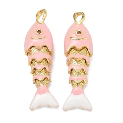 Pink Подвески из латуни с микропаве, оранжево-красные кубические цирконы, с эмалью, рыбы прелести, стойки покрытие, долговечный, без свинца и без кадмия, реальный 18 k позолоченный, розовые, 32x9.5x6.5 мм, отверстие : 3x2.5 мм