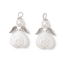 Белый Абс пластмассовые жемчужные подвески, ангел в форме сердца, с крылом из сплава и железной петлей, белые, 35x20x6 мм, отверстие : 4 мм