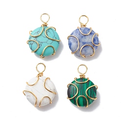 Mixed Stone Synthetic & Natural Gemstone Pendant, with Golden Tone Eco-Friendly Copper Wire, Flat Round, 24x17.5x6.5mm, Hole: 3.5mm