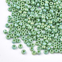Medium Sea Green Opaque Glass Seed Beads, Rainbow Plated, Round, Medium Sea Green, 4mm, Hole: 1.5mm, about 4500pcs/bag