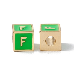 Letter F Стойки покрытие латунь эмаль бисер, без кадмия, без никеля и без свинца, реальный 18 k позолоченный, куб с письмом, зеленый лайм, буква f, 6x6x6 мм, отверстие : 2.5 мм