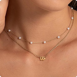 Letter W 2 шт. 304 двухслойные ожерелья с подвеской в виде буквы из нержавеющей стали и белого пластика с имитацией жемчуга, золотые, Буква W, 17.72 дюйм (45 см)