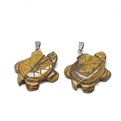 Тигровый глаз Природных тигровый глаз подвески, с защелкой из нержавеющей стали на поручнях, черепаха, 41~43x35~37x7~10 мм, отверстие : 6x4 мм