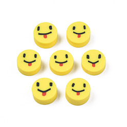 Желтый Бусины из полимерной глины , плоский круглый с выражением, желтые, 9~10x4~5 мм, отверстие : 1.6 мм