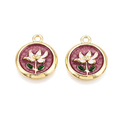 Индийский Красный Стойки обшивки сплава эмали подвески, плоские круглые и цветок, без кадмия и без свинца, золотой свет, Индийская красная, 21.5x18x4 мм, отверстие : 2 мм