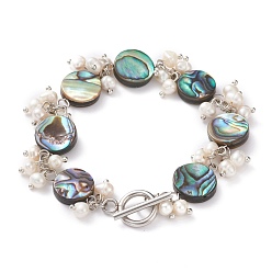 Colorful Flat Round Natural Abalone Shell/Paua Shell Beaded Bracelets, with Natural Pearl Beads and 304 Stainless Steel Toggle Clasps, Colorful, 7-1/2 inch(19cm)