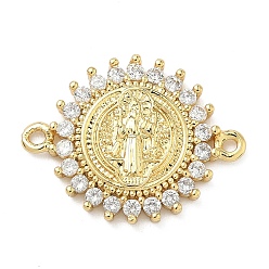 Настоящее золото 16K Плоские круглые подвески-подвески с подвесками-соединителями Saint Links из латуни с прозрачным кубическим цирконием, реальный 16 k позолоченный, 17x22x3 мм, отверстие : 1.2 мм