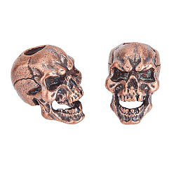 Красная Медь Хеллоуин латунные европейские бусины, бусины с большим отверстием, череп, Красная медь, 20x13.5x17.5 мм, отверстие : 5 мм, 2 шт / коробка