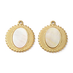 Настоящее золото 18K 304 подвески из натуральной белой ракушки из нержавеющей стали, плоские круглые прелести, ионное покрытие (ip), реальный 18 k позолоченный, 23x20.5x2 мм, отверстие : 1.4 мм