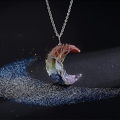 Смешанные камни Смола с драгоценным камнем внутри луна с деревом жизни медная проволока обернутая чакра кулон ожерелье, платина, 17.72 дюйм (45 см)