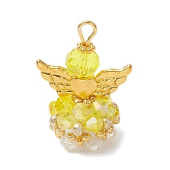 Желтый Стеклянные подвески, угол, с бусинами-крылышками из сплава и железной петлей, граненые, желтые, 30x21.5x16 мм, отверстие : 2.2~3.6 мм