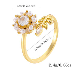 Прозрачный Латунная микропаве кубический цирконий вращающаяся манжета открытые кольца, цветок, Кольцо-спиннер для успокоения беспокойства, медитации, золотые, прозрачные, 17 мм