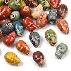 Mixed Color Vintage Handmade Porcelain Beads, Fancy Antique Glazed Porcelain, Skull, Mixed Color, 15.5x10.5x11.5mm