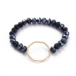 Schwarz Facettierte Rondelle Glasperlen Stretch Armbänder, mit matt vergoldetem Legierungsverbindungsring, Schwarz, 2-1/8 Zoll (5.5 cm)
