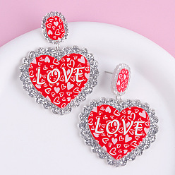 Серебро Акриловые серьги-гвоздики ко Дню святого Валентина, сердце со словом "love", платина, серебряные, 60x46 мм