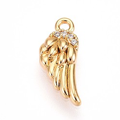 Настоящее золото 18K Латунные микропаве прозрачные подвески с фианитом, крыло, без кадмия, без никеля и без свинца, реальный 18 k позолоченный, 14.9x6.1x2.2 мм, отверстие : 1.2 мм