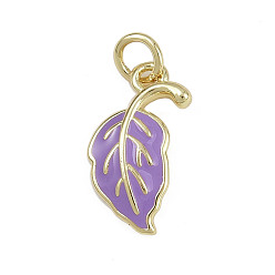 Лиловый Латунь эмаль подвески, очарование листа, без кадмия и без свинца, реальный 18 k позолоченный, с целью перехода в кольце, сирень, 16x9.5x2 мм, отверстие : 3 мм