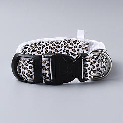 White Adjustable Polyester LED Dog Collar, with Water Resistant Flashing Light and Plastic Buckle, Built-in Battery, Leopard Print Pattern, White, 355~535mm