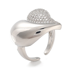 Платина Латунное кольцо-манжета с микро-паве и прозрачным цирконием в форме сердца для женщин, без кадмия и без свинца, платина, внутренний диаметр: регулируемый