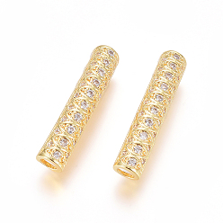 Golden Brass Micro Pave Clear Cubic Zirconia Beads, Long-Lasting Plated, Tube Beads, Golden, 30x6mm, Hole: 3.5mm