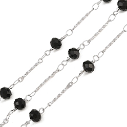 Stainless Steel Color 304 Stainless Steel Twist Bar & Glass Rondelle Faceted Bead Link Chain, Soldered, with Spool, Stainless Steel Color, 14.5x2x1mm & 13.5x6mm