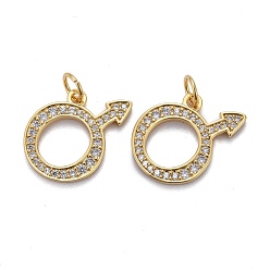 Real 18K Gold Plated Brass Micro Pave Clear Cubic Zirconia Pendants, with & Jump Rings, Long-Lasting Plated, Male Mark, Real 18K Gold Plated, 18.5x13x2mm