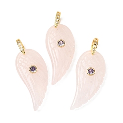 Rose Quartz Natural Rose Quartz Pendants, Feather, Golden, 36.5~37x17x8~9mm, Hole: 6x6.5mm