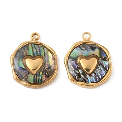 Сердце 304 подвески из натуральной ракушки пауа из нержавеющей стали, плоские круглые прелести, реальный 18 k позолоченный, сердце, 15.5~16x12.5~13.5x2.5 мм, отверстие : 1.5 мм