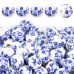 Синий 180шт. фарфоровые керамические бусины ручной работы с цветочным принтом, круглые, синие, 8 мм, отверстие : 2 мм