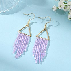 Сливовый Стекло из бисера мотаться серьги, кисточкой серьги, с 304 нержавеющей стали серьги крючки, золотые, слива, 78x18.5 мм