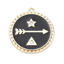 Real 14K Gold Plated Brass with Crystal Rhinestone Pendants, with Black Enamel, Flat Round with Arrow & Star Charms, Real 14K Gold Plated, 25x23x2mm, Hole: 1.5mm