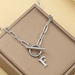 Letter F Ожерелья из нержавеющей стали с цепочкой-скрепкой и застежками ot, цвет нержавеющей стали, Буква F, 18.11 дюйм (46 см)