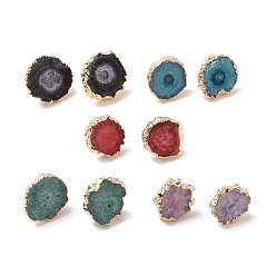 Mixed Color Natural Dyed Quartz Stud Earrings, with Brass Findings, Flat Round, Golden, Mixed Color, 14~22x14~22x5~6mm, Pin: 0.7mm