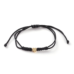 Black Unisex Adjustable Nylon Thread Braided Bead Bracelets, with Golden Plated Brass Heart Beads, Black, Inner Diameter: 5/8~3-1/2 inch(1.5~9cm)