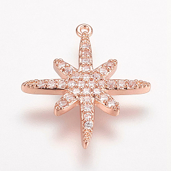 Розовое Золото Латунные микро проложить кубического циркония подвески, звезда, розовое золото , 19x16x2 мм, отверстие : 1 мм