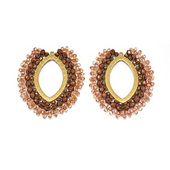 Шоколадный Ручной тканые подвески, с гранеными стеклянными бусинами и золотистыми тонами 304 из нержавеющей стали, лист, цвет шоколада, 47x39x1~3 мм, отверстие : 1 мм