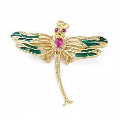 Зеленый Стойка металлическая латунная микропрофилированная кубическая циркония подвески, с эмалью, реальный 18 k позолоченный, долговечный, без свинца и без кадмия, стрекоза, зелёные, 37.5x40.5x8 мм, Перейти кольцо: 5x0.8 мм, 3.4 мм внутренним диаметром