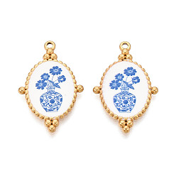 Темно-Голубой 304 нержавеющей стальной эмали подвески, овал с подвесками в виде цветов, ионное покрытие (ip), реальный 18 k позолоченный, глубокое синее небо, 32x20 мм