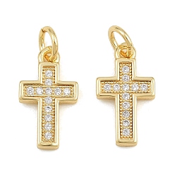 Golden Brass Micro Pave Clear Cubic Zirconia Charms, Cross Charms, Cadmium Free & Lead Free, Golden, 15x8x2mm, Hole: 3mm