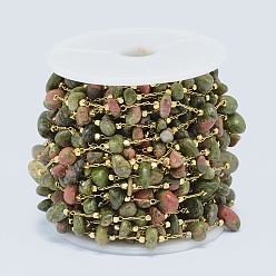 Golden Natural Unakite Handmade Beaded Chains, Soldered, with Spool, with Eco-Friendly Brass Findings, Long-Lasting Plated, Nuggets, Golden, 5~15x4~8mm