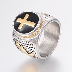 Mixed Color 304 Stainless Steel Finger Rings, with Enamel, Wide Band Rings, Cross, Mixed Color, 17~22mm