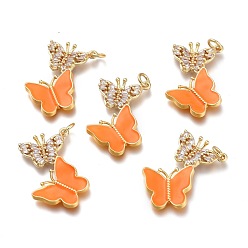 Orange Brass Micro Pave Clear Cubic Zirconia Pendants, with Enamel and Jump Rings, Butterfly, Golden, Orange, 28x18.5x3mm, Hole: 3mm