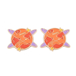 Orange Space Planet Alloy Enamel Cabochons, with Self Adhesive Sticker, Light Gold, Orange, 24x29x1.5mm
