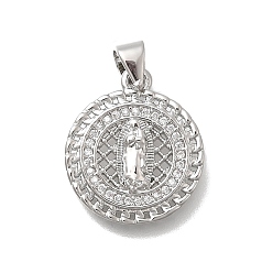 Платина Латунные микро проложить кубического циркония подвески, плоские круглые с Девой Марией, без кадмия и без свинца, стойки покрытие, долговечный, платина, 18.5x16x3 мм, отверстие : 4.5x3.5 мм