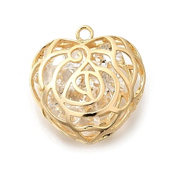 Настоящее золото 18K Латунь с кубическим цирконием подвеской, без кадмия, без никеля и без свинца, полые прелести сердца, реальный 18 k позолоченный, 36x34x16 мм, отверстие : 3 мм